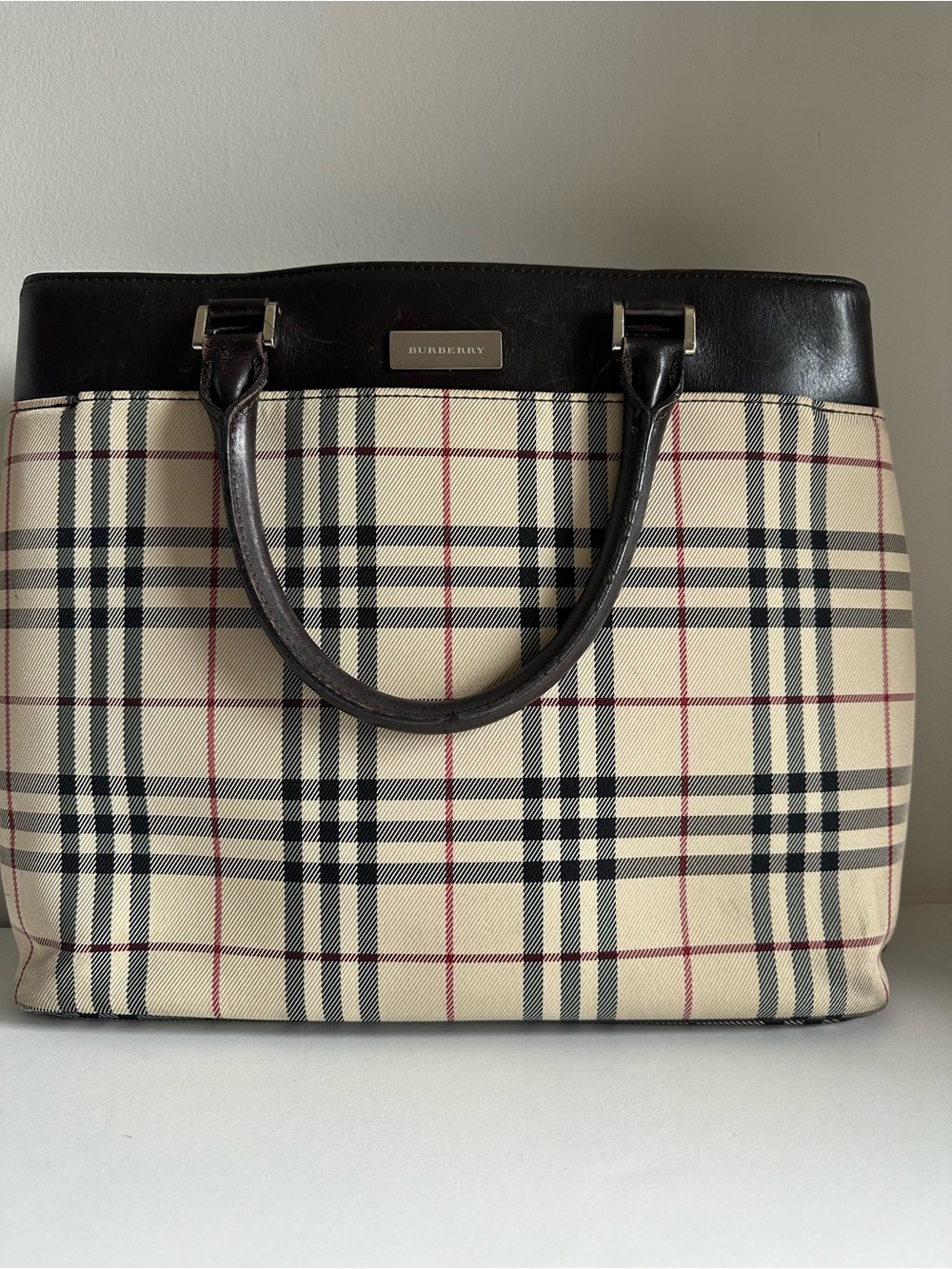BURBERRY Nova Check Canvas Brown Leather Tote Bag Laptop Work Handbag 15x11